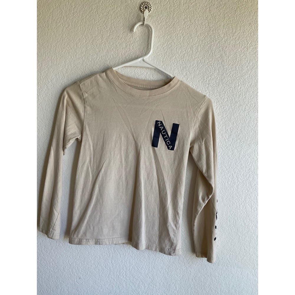 Nautica Boys Long‎ Sleeve Graphic Tee Tan Beige Navy Blue Logo Shirt Size S 8